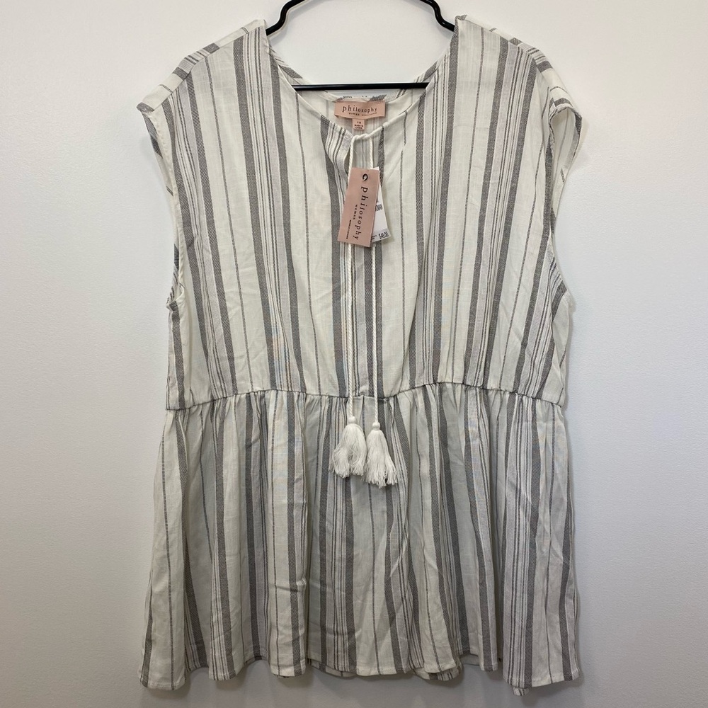 NWT Philosophy sleeveless striped peplum top with tassel tie keyhole